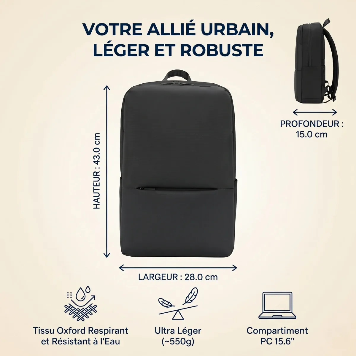 Infographie des dimensions et caractéristiques clés du Sac à dos ordinateur homme Classic Business V2.