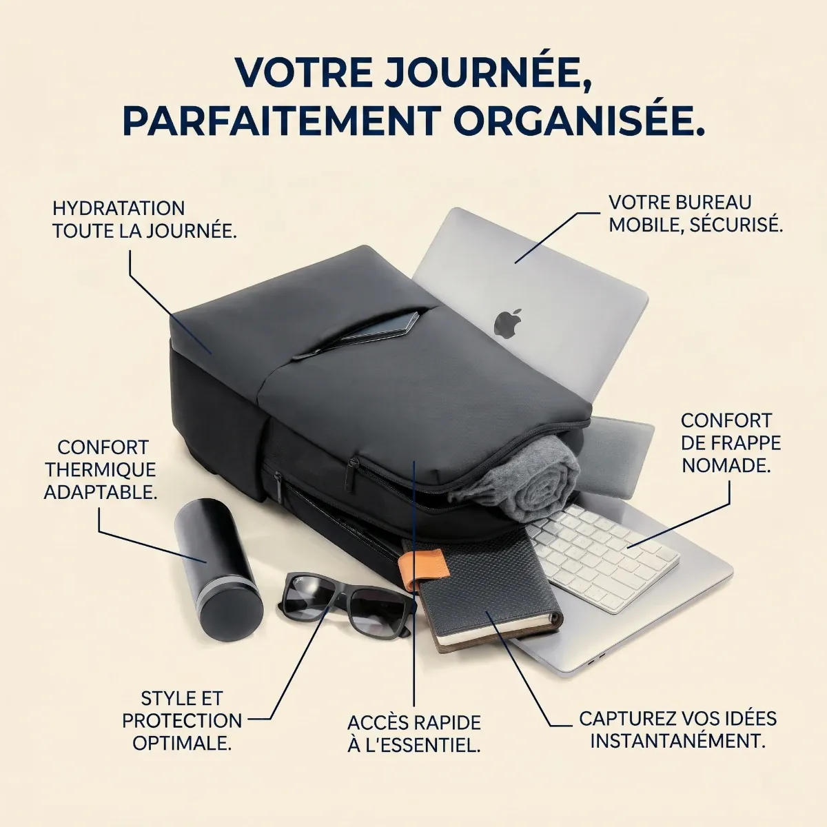 Sac à dos ordinateur homme Classic Business V2 gris ouvert avec ordinateur, clavier et accessoires de bureau.