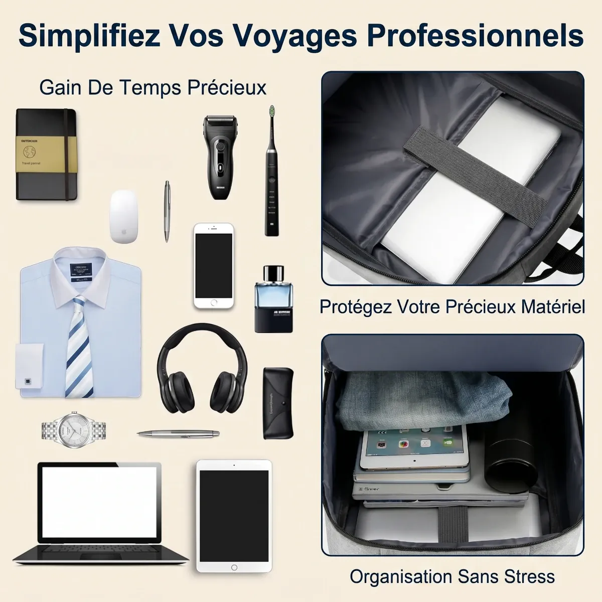 Vue de la grande capacité de rangement et compartiments du sac à dos business ErgoStride.