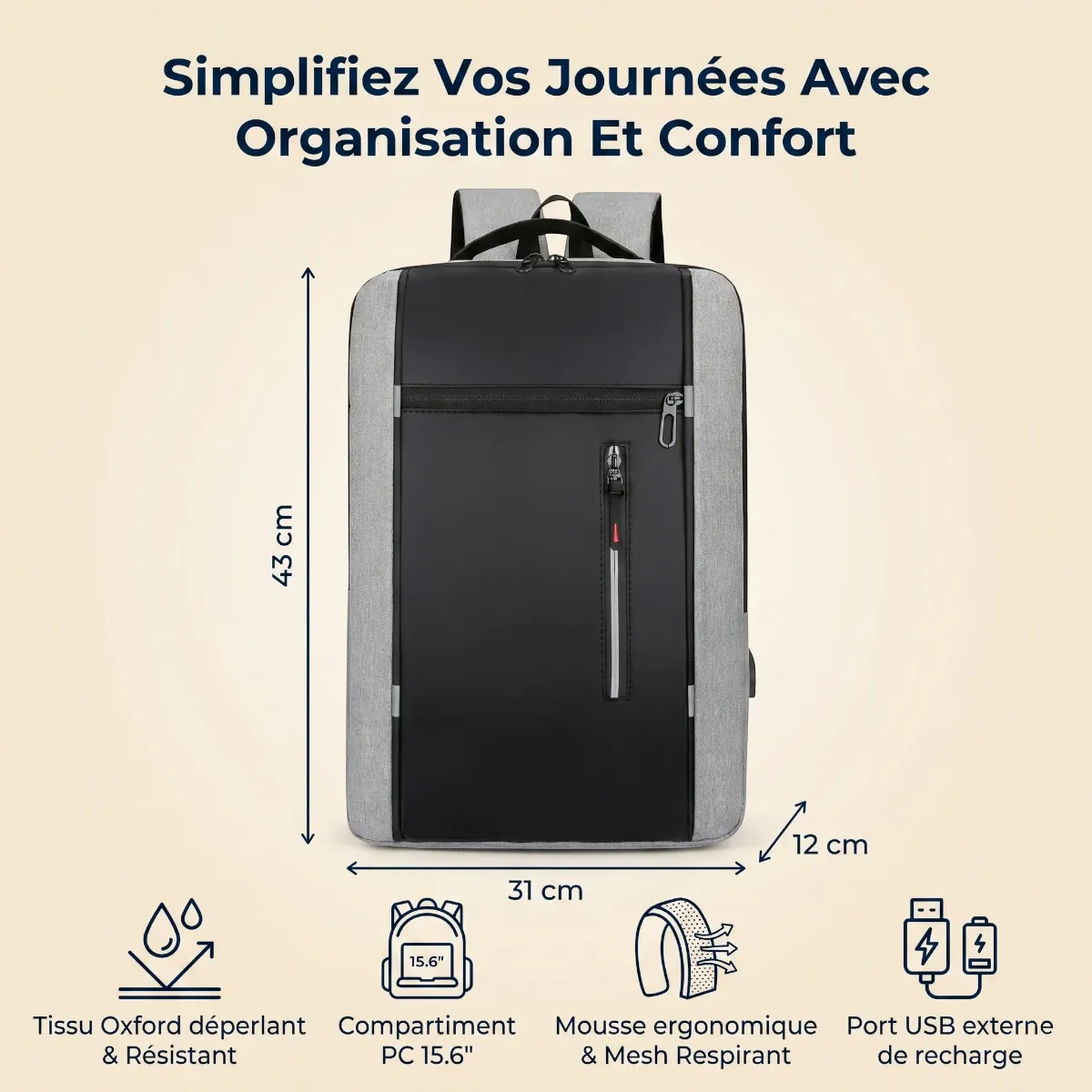 Infographie des dimensions 43x31x12 cm du sac à dos ordinateur homme ErgoStride.