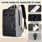 Détails du port USB, bandes réfléchissantes et poches du sac à dos ordinateur ErgoStride.