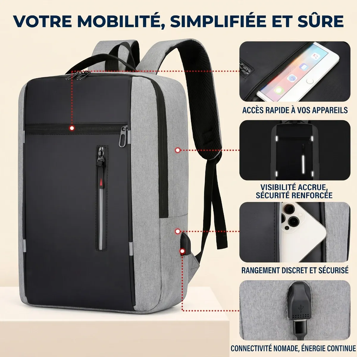 Détails du port USB, bandes réfléchissantes et poches du sac à dos ordinateur ErgoStride.