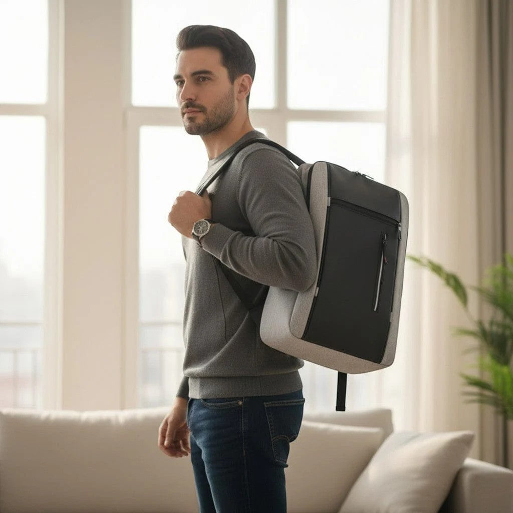 Homme d'affaires portant le sac à dos ordinateur ergonomique ErgoStride à l'épaule.