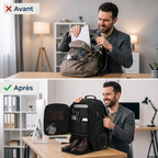 Comparatif avant et après rangement avec le sac à dos ordinateur homme Flexium