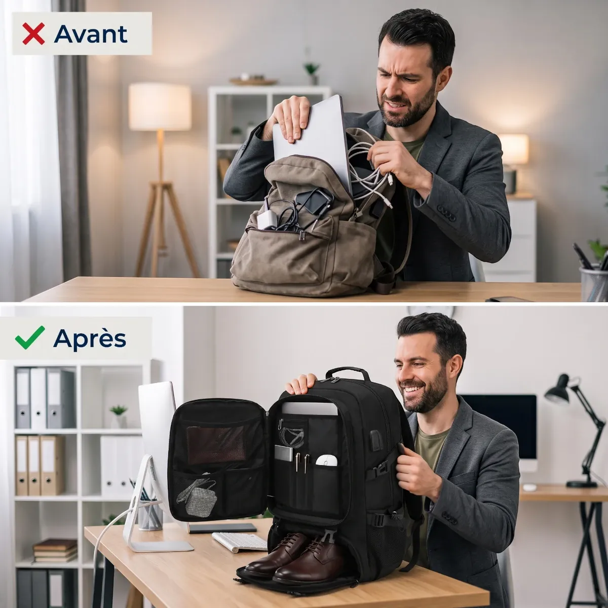 Comparatif avant et après rangement avec le sac à dos ordinateur homme Flexium