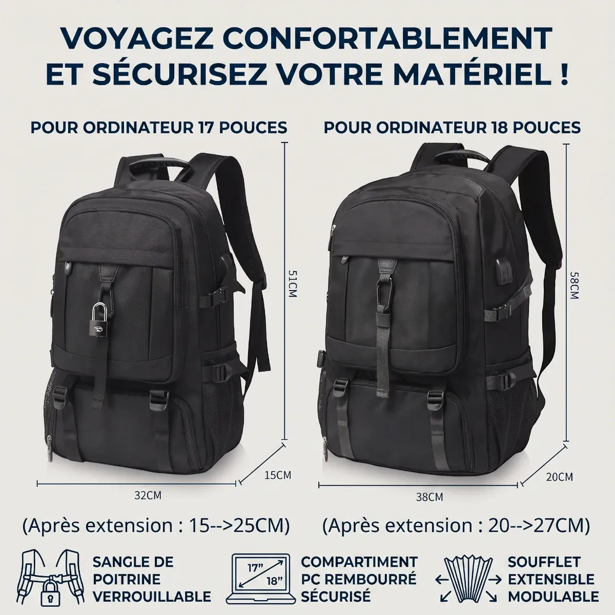 Dimensions et compatibilité PC 17 et 18 pouces du sac à dos ordinateur homme Flexium