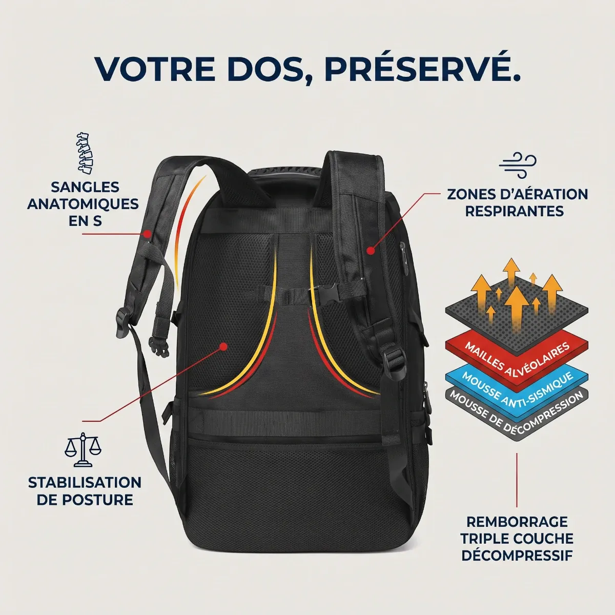 Support dorsal ergonomique et sangles respirantes du sac à dos ordinateur homme Flexium