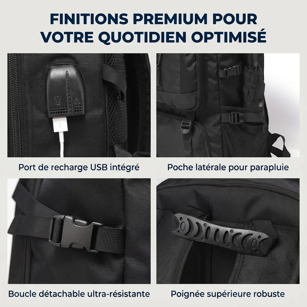 Finitions extérieures, port USB et poignée renforcée du sac à dos ordinateur homme Flexium