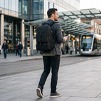 Homme d'affaires portant le sac à dos ordinateur homme Flexium en déplacement urbain