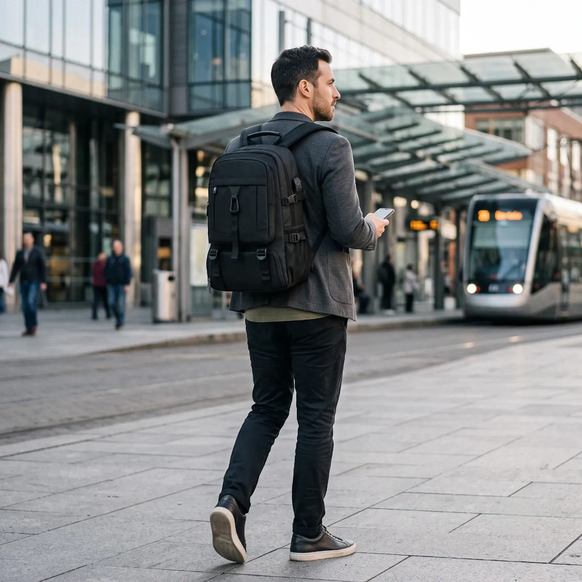 Homme d'affaires portant le sac à dos ordinateur homme Flexium en déplacement urbain