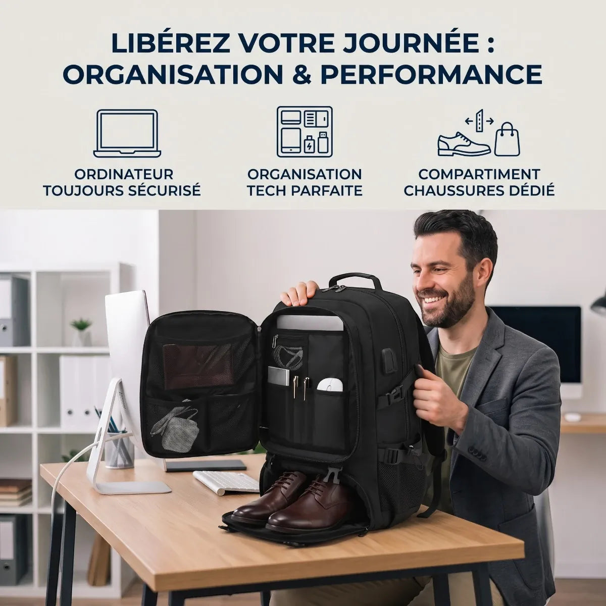 Homme au bureau profitant de l'organisation du sac à dos ordinateur homme Flexium