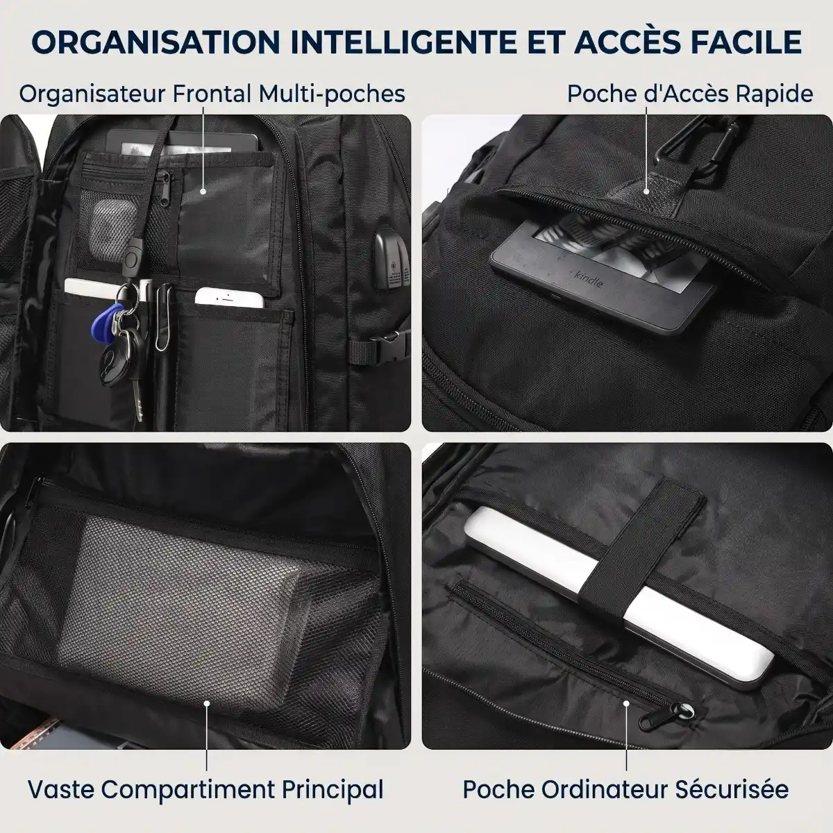 Détails des compartiments et poches de rangement du sac à dos ordinateur homme Flexium