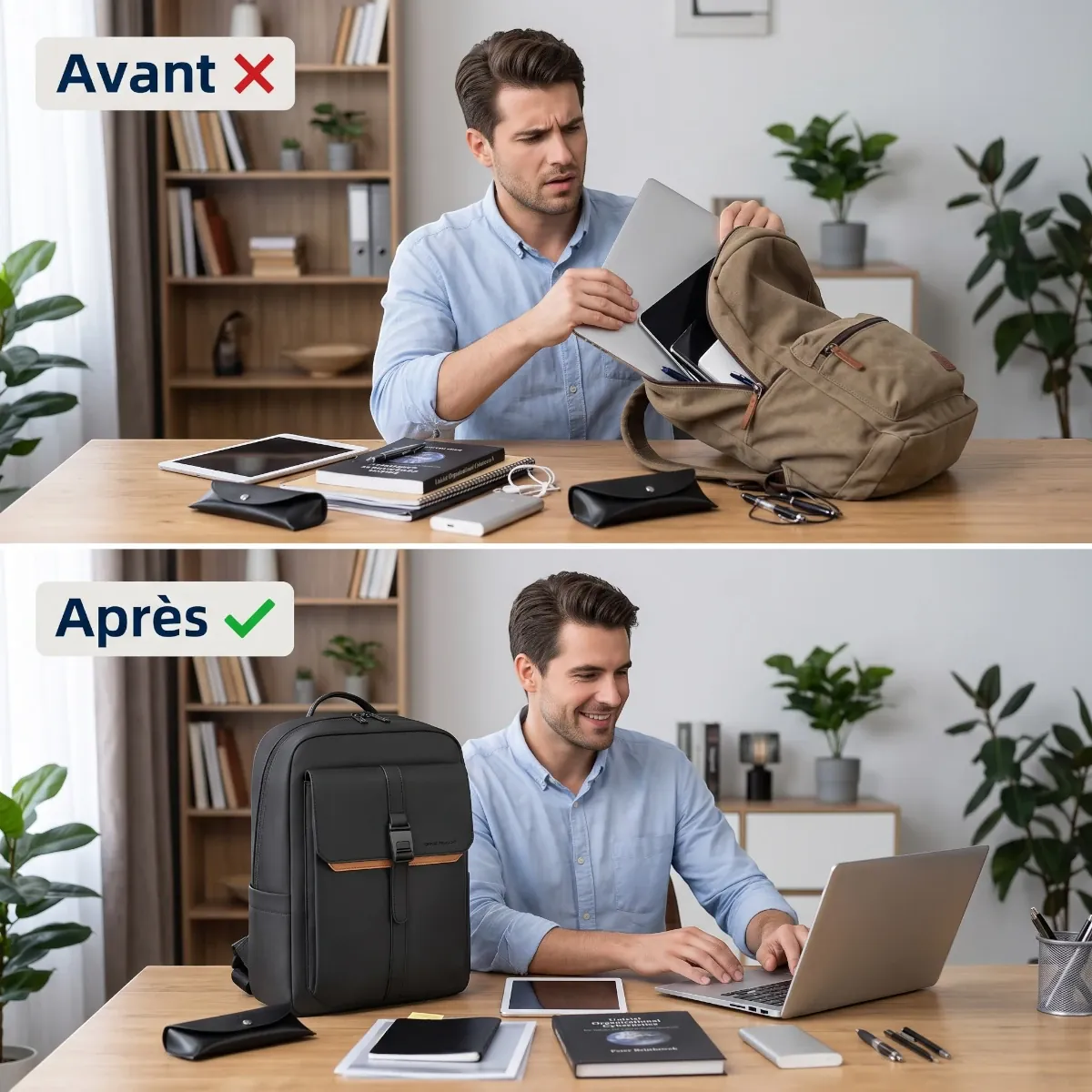 Comparatif avant après l'utilisation du sac à dos ordinateur homme HK-Stratum pour un rangement optimal