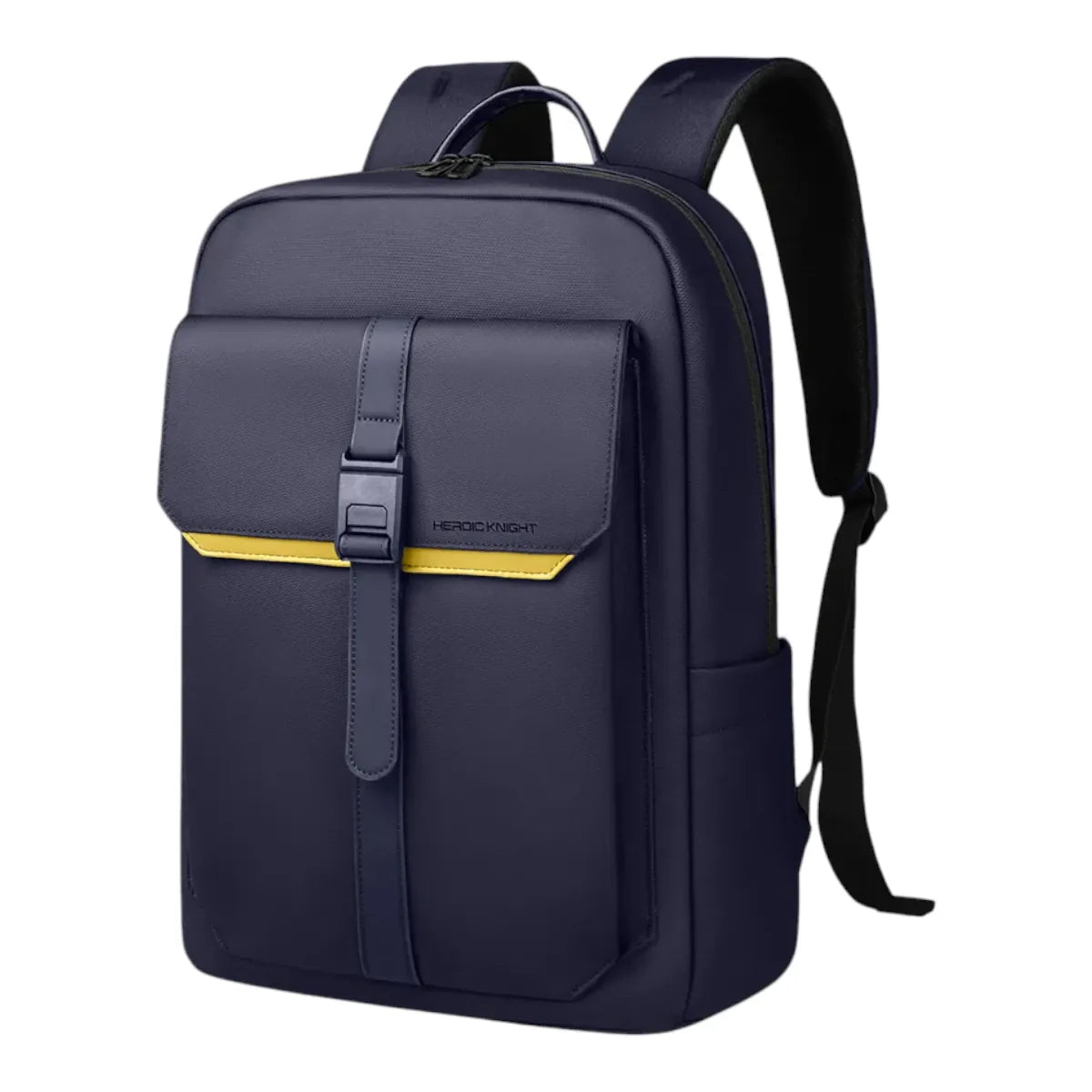 Sac à dos ordinateur homme HK-Stratum de couleur bleu marine avec liseré jaune, vue de face sur fond blanc.