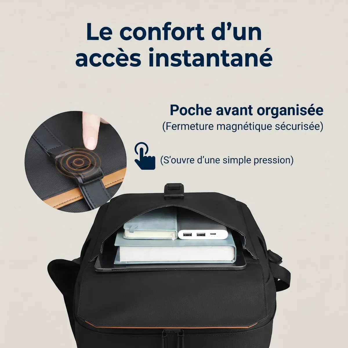 Boucle magnétique pour un accès rapide à la poche avant du sac à dos ordinateur homme HK-Stratum