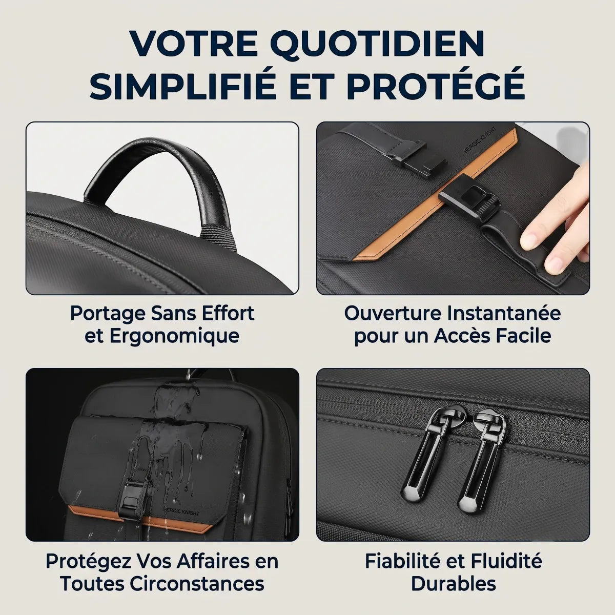 Détails techniques, tissu imperméable et finitions haut de gamme du sac à dos ordinateur homme HK-Stratum