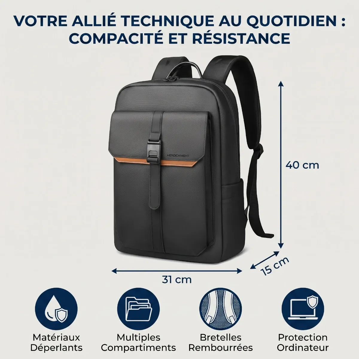 Dimensions et caractéristiques techniques du sac à dos ordinateur homme HK-Stratum