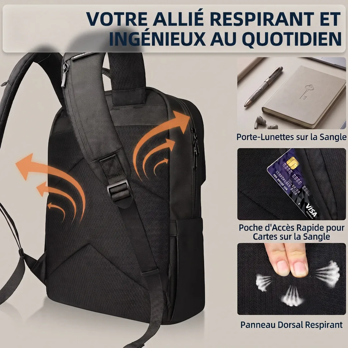 Panneau dorsal respirant et bretelles ergonomiques du sac à dos ordinateur homme HK-Stratum