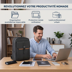 Homme travaillant sereinement au bureau avec son sac à dos ordinateur homme HK-Stratum