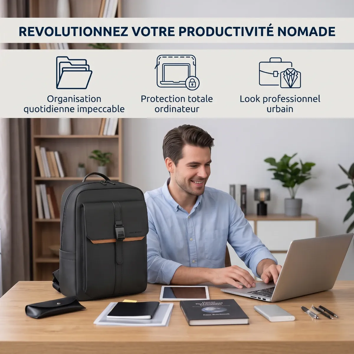 Homme travaillant sereinement au bureau avec son sac à dos ordinateur homme HK-Stratum