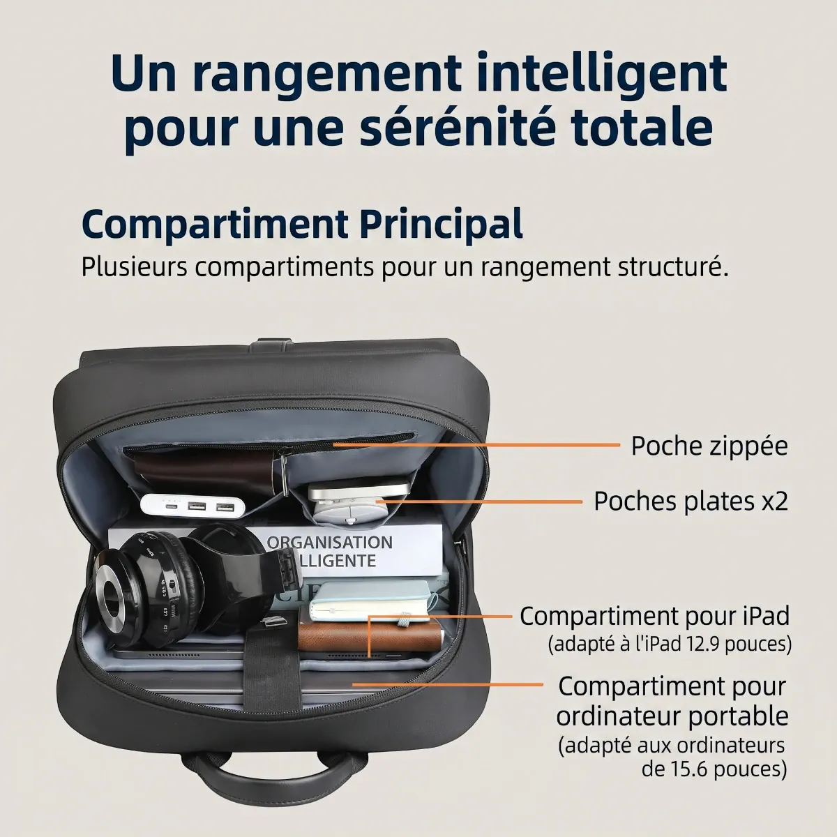 Rangement intérieur intelligent et compartiments du sac à dos ordinateur homme HK-Stratum