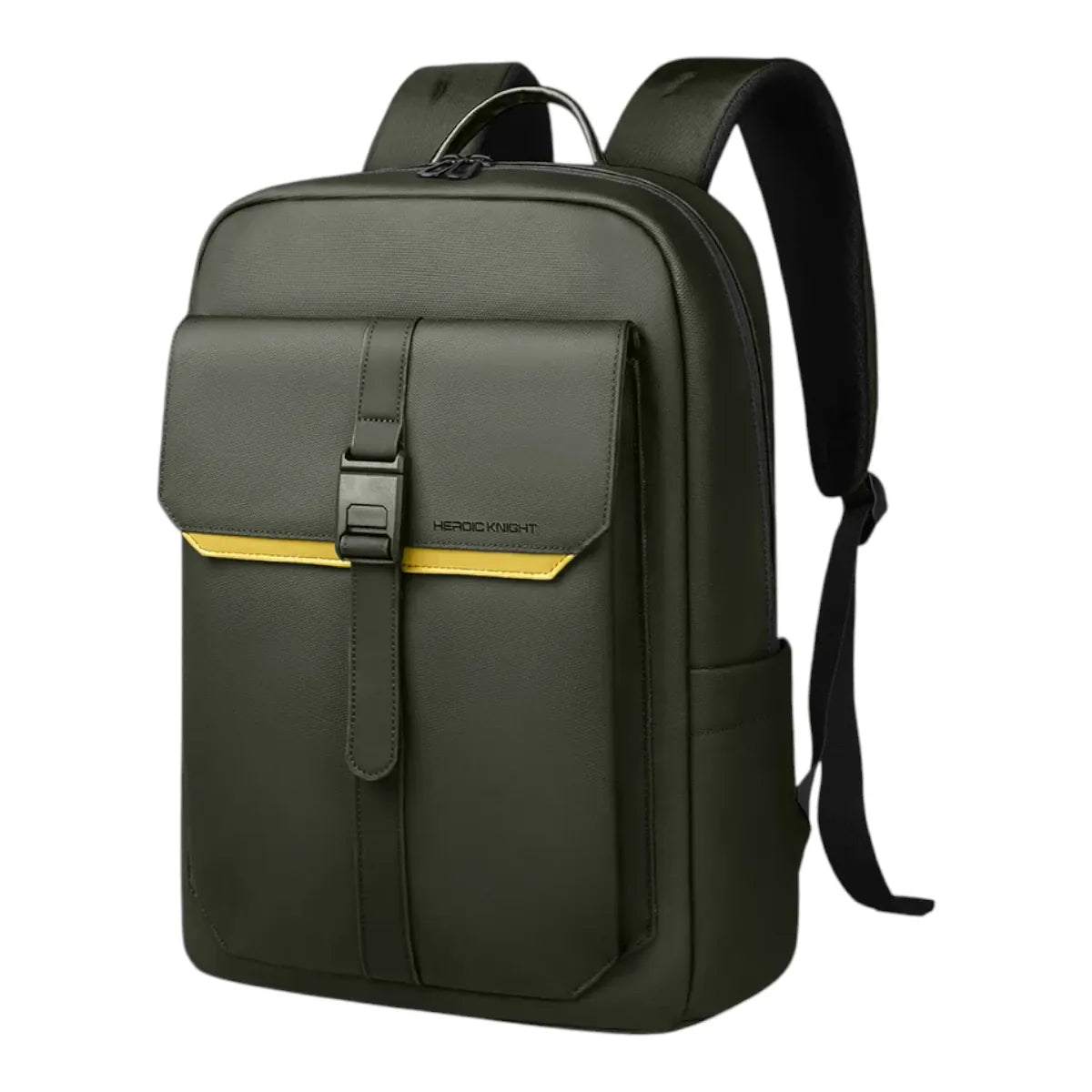 Sac à dos ordinateur homme HK-Stratum de couleur vert kaki avec liseré jaune, vue de face sur fond blanc.