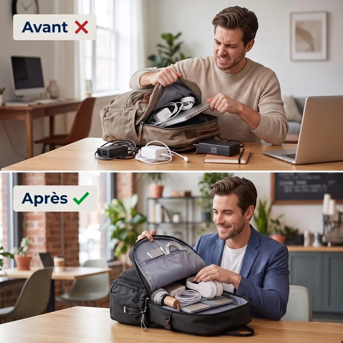 Comparatif avant-après rangement avec le sac à dos ordinateur homme JetLayer