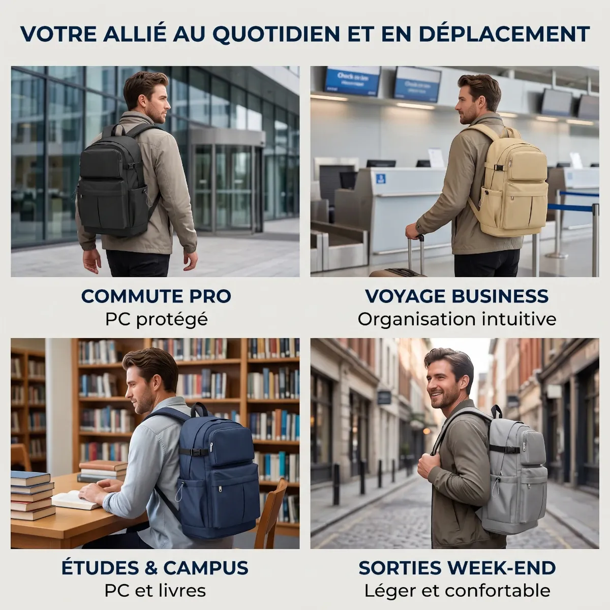 Polyvalence d'utilisation du sac à dos ordinateur homme JetLayer pour travail, voyage et études
