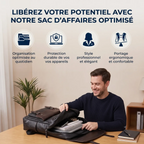 Infographie des bénéfices et fonctionnalités du sac à dos ordinateur homme Kensington Pro en utilisation bureau