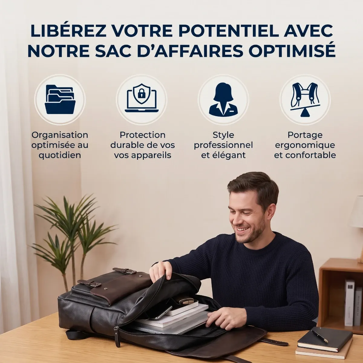 Infographie des bénéfices et fonctionnalités du sac à dos ordinateur homme Kensington Pro en utilisation bureau