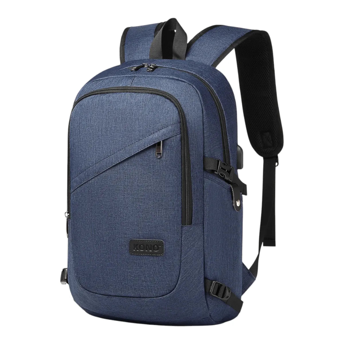 Sac à dos pc portable Kono bleu profond 15.6 pouces avec logo KONO, poches zippées et port USB.