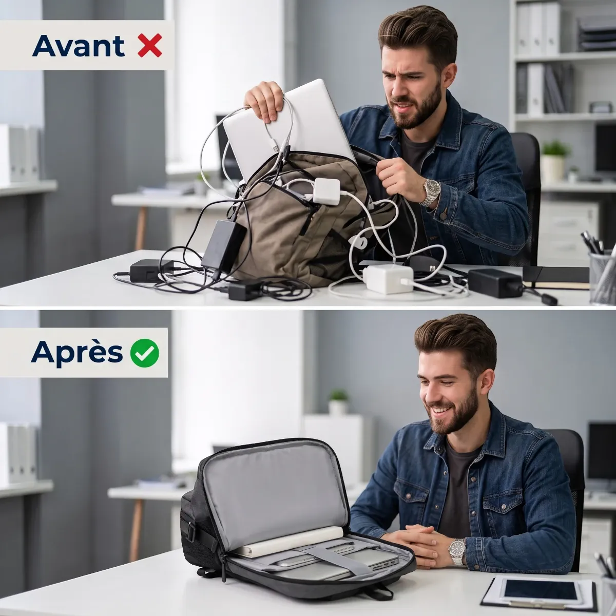 Comparatif avant et après rangement avec le sac à dos ordinateur homme MetroMorph