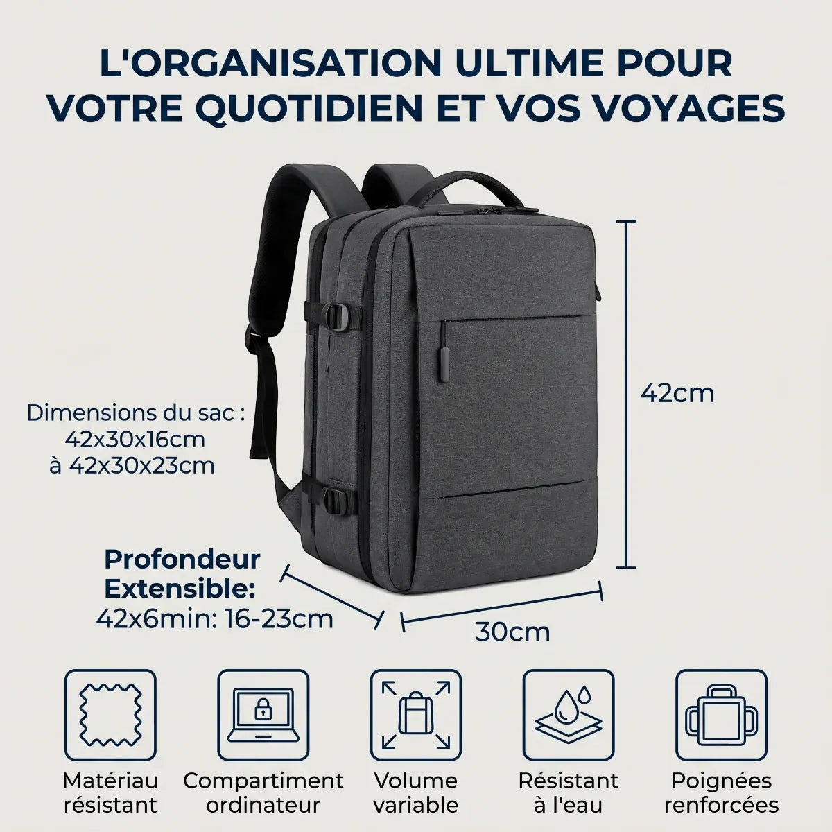 Dimensions 42x30cm et caractéristiques techniques du sac à dos ordinateur homme MetroMorph