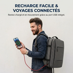 Homme rechargeant son téléphone via le port USB du sac à dos ordinateur homme MetroMorph