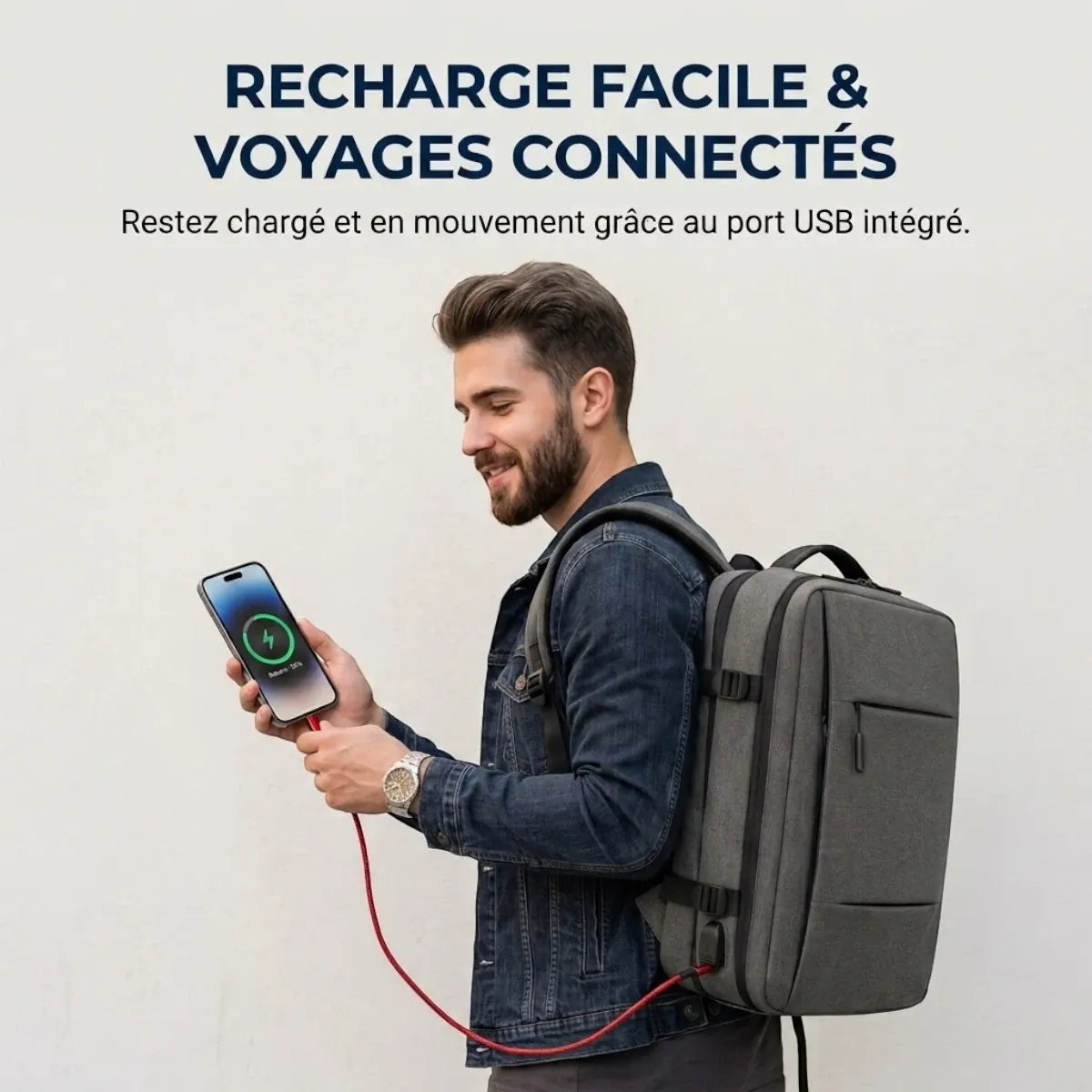 Homme rechargeant son téléphone via le port USB du sac à dos ordinateur homme MetroMorph