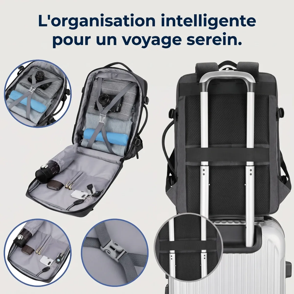 Sac à dos ordinateur homme MetroMorph fixé sur valise trolley et compartiments voyage
