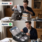 Comparatif avant après montrant l'organisation parfaite du sac ordinateur homme Omni-Pack face au désordre d'un sac classique.