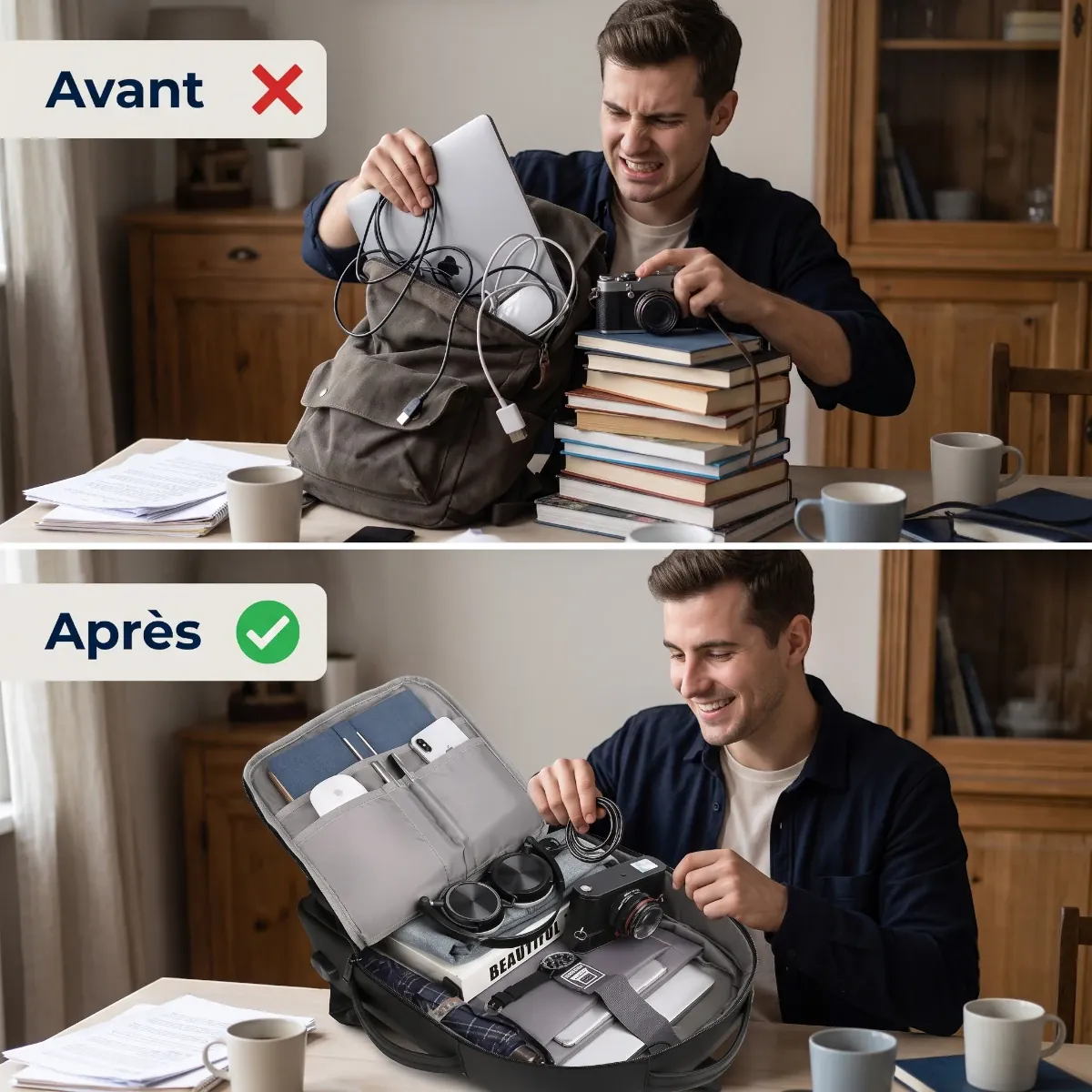 Comparatif avant après montrant l'organisation parfaite du sac ordinateur homme Omni-Pack face au désordre d'un sac classique.