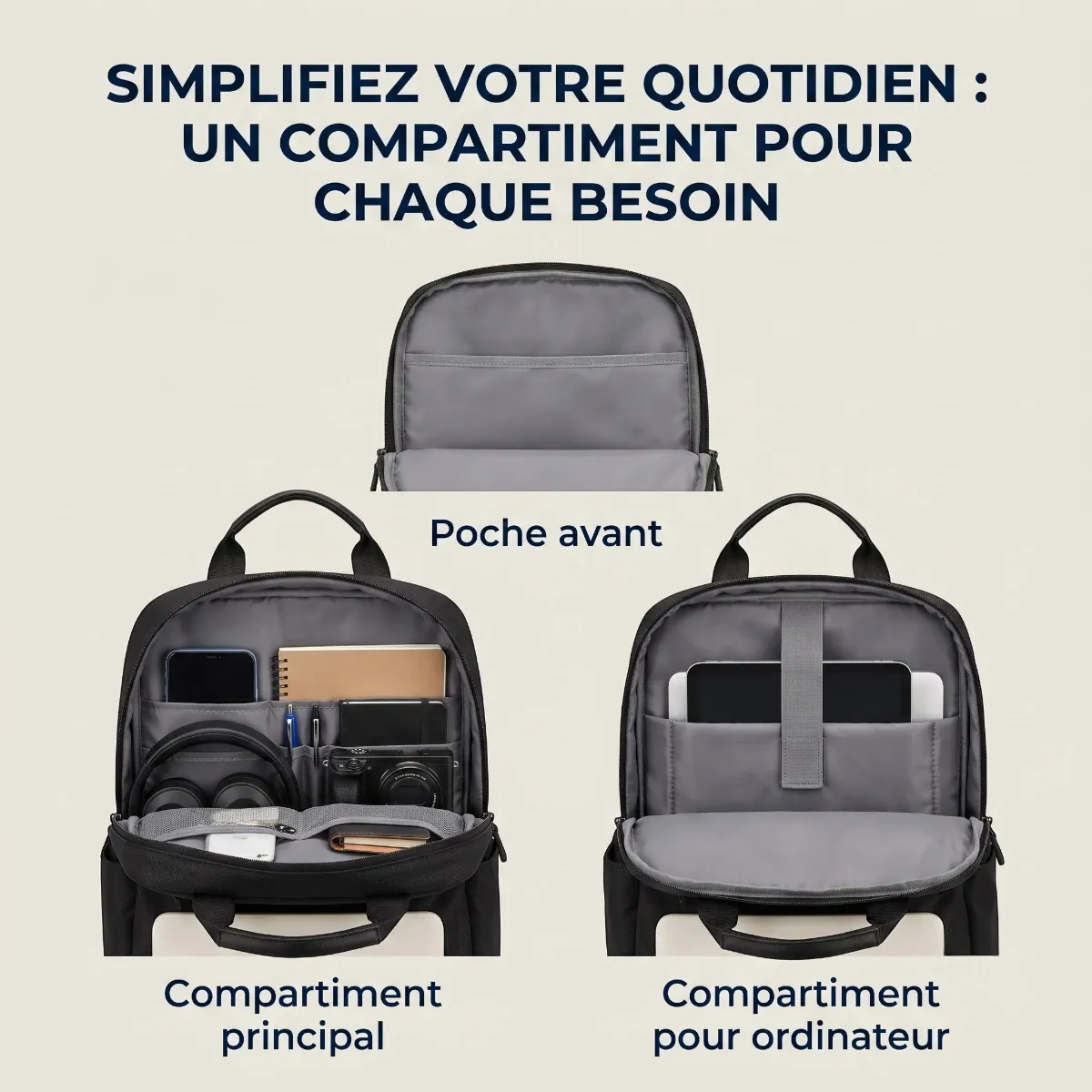 Vue détaillée des compartiments intérieurs ouverts du sac à dos ordinateur homme Omni-Pack pour PC et accessoires professionnels.