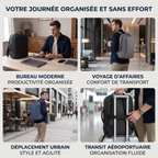Mosaïque des situations d'usage du sac à dos ordinateur homme Omni-Pack au bureau moderne et en déplacement urbain.