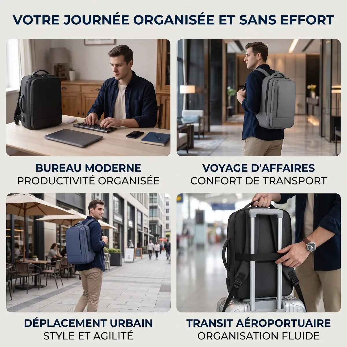 Mosaïque des situations d'usage du sac à dos ordinateur homme Omni-Pack au bureau moderne et en déplacement urbain.