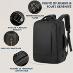 Gros plan sur la fermeture éclair fluide et l'attache plastique robuste du sac à dos ordinateur homme Omni-Pack.