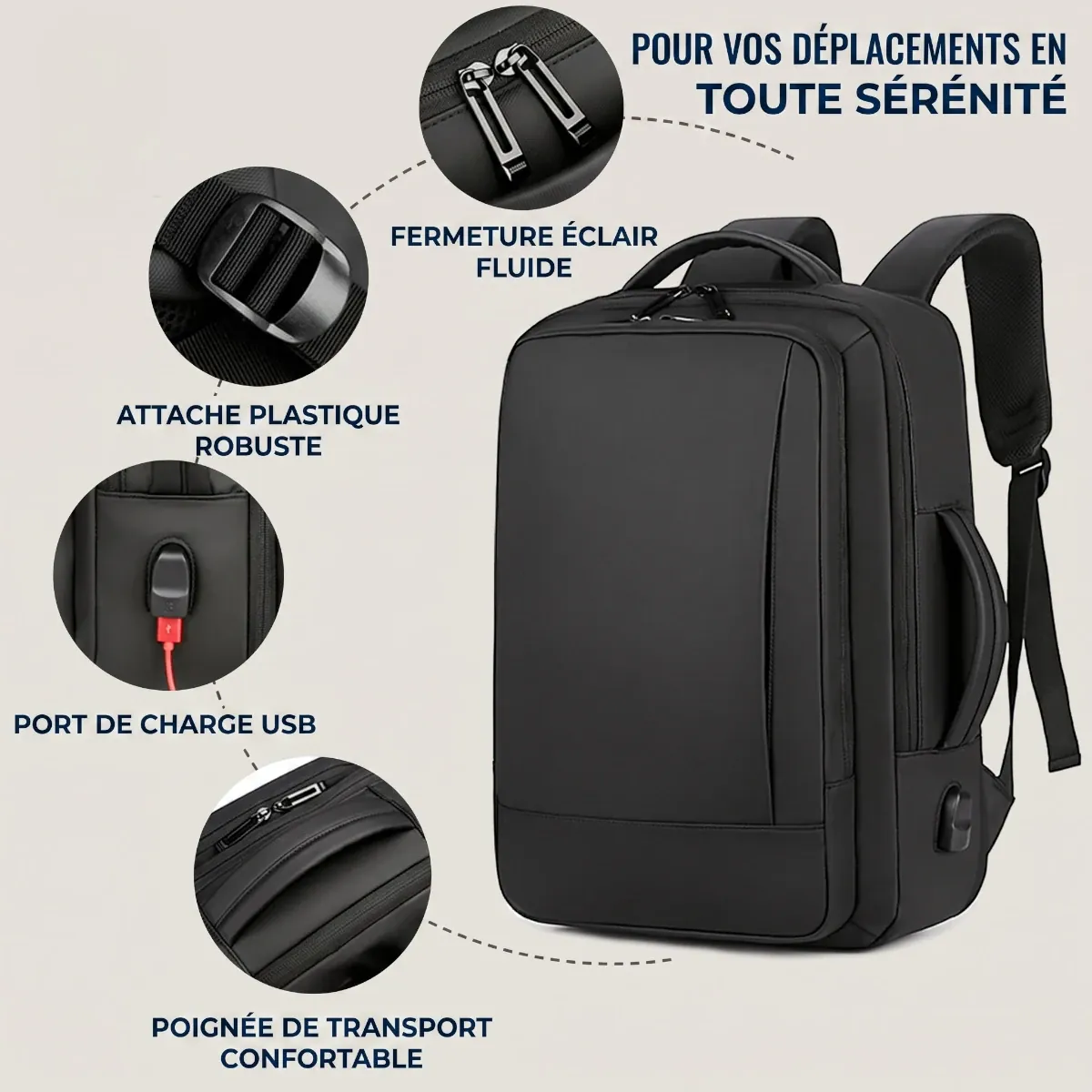 Gros plan sur la fermeture éclair fluide et l'attache plastique robuste du sac à dos ordinateur homme Omni-Pack.