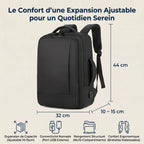 Infographie des dimensions en centimètres et de la capacité d'extension du sac à dos ordinateur homme Omni-Pack.