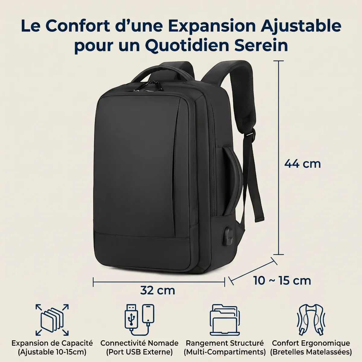 Infographie des dimensions en centimètres et de la capacité d'extension du sac à dos ordinateur homme Omni-Pack.