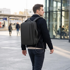 Homme actif portant le sac à dos ordinateur homme Omni-Pack lors d'un déplacement d'affaires en ville.