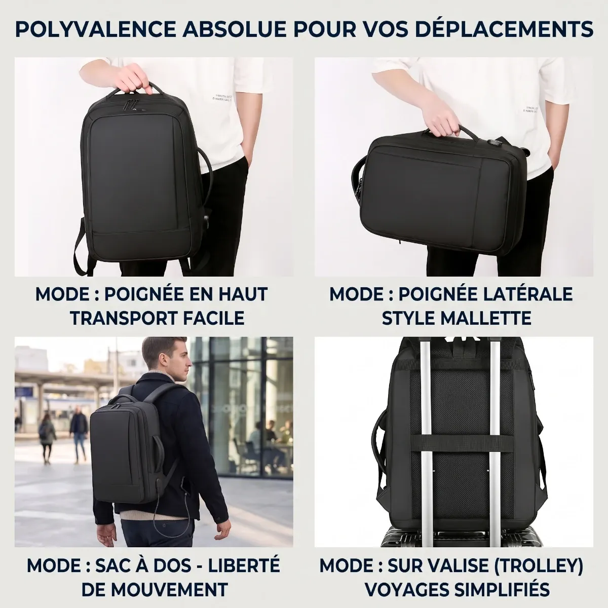 Les quatre modes de transport modulables du sac à dos ordinateur homme Omni-Pack en version sac, mallette ou sur bagage.