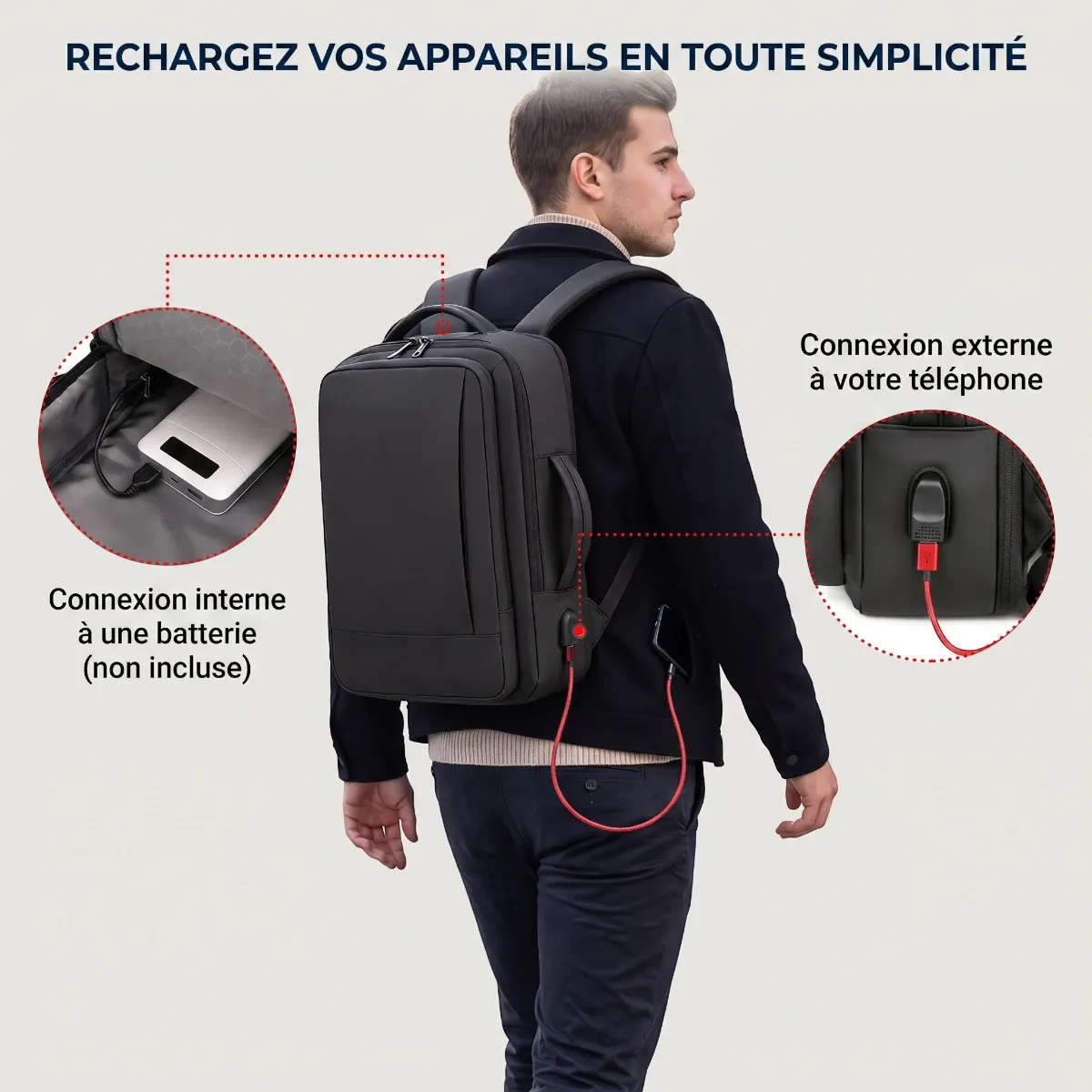 Focus technique sur le port de charge USB externe connecté du sac à dos ordinateur homme Omni-Pack.