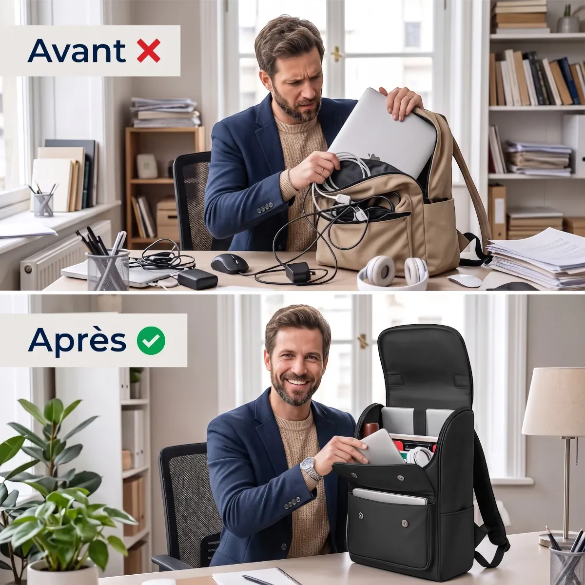Comparatif avant après organisation de bureau avec le sac à dos ordinateur homme Onyxium