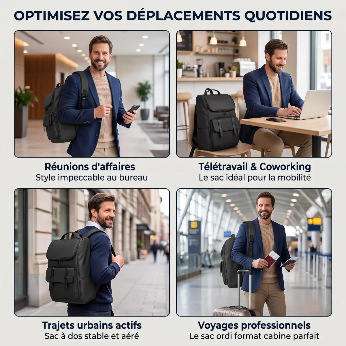 Grille des cas d'utilisation business, coworking et voyage du sac à dos ordinateur homme Onyxium
